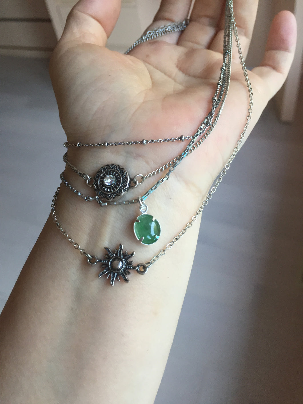 Layered Necklace with Natural Type A sunny green Jadeite Bead, Sun & Mandala Pendant, Boho Minimalist Good Luck Jewelry Gift for Her PA66