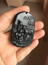 Load image into Gallery viewer, 100% Natural dark green/black jadeite jade(Mocui, 墨翠) three sheep Pendant/handhold worry stone BL129
