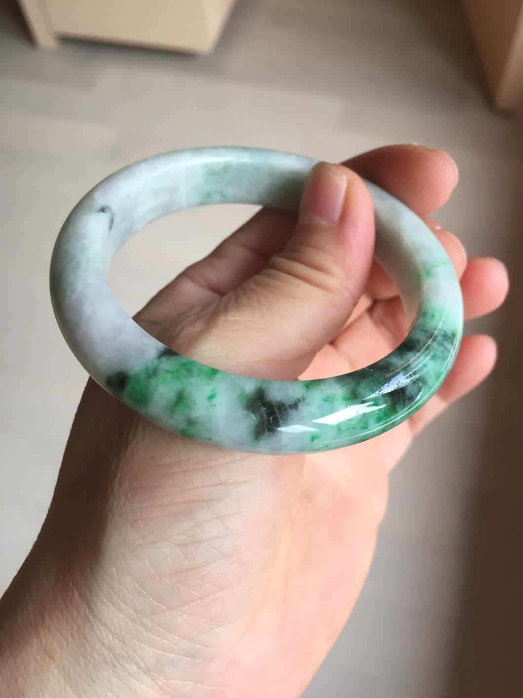 54.6mm certified Type A 100% Natural sunny green white purple Jadeite Jade bangle BQ46-4148