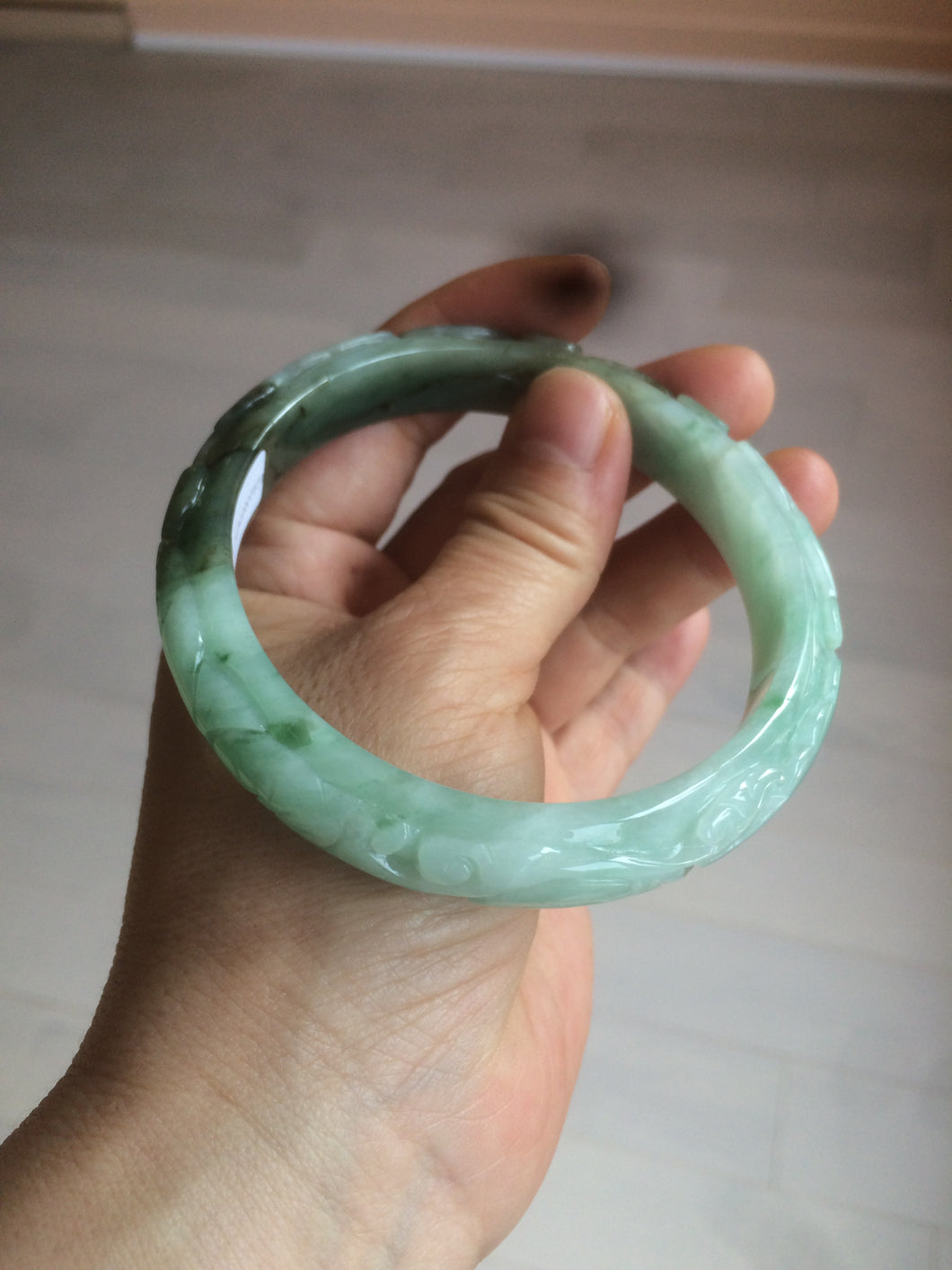 62.5mm Certified Type A 100% Natural sunny green/brown/black vintage style with carved flowers Jadeite Jade bangle AY28-7571