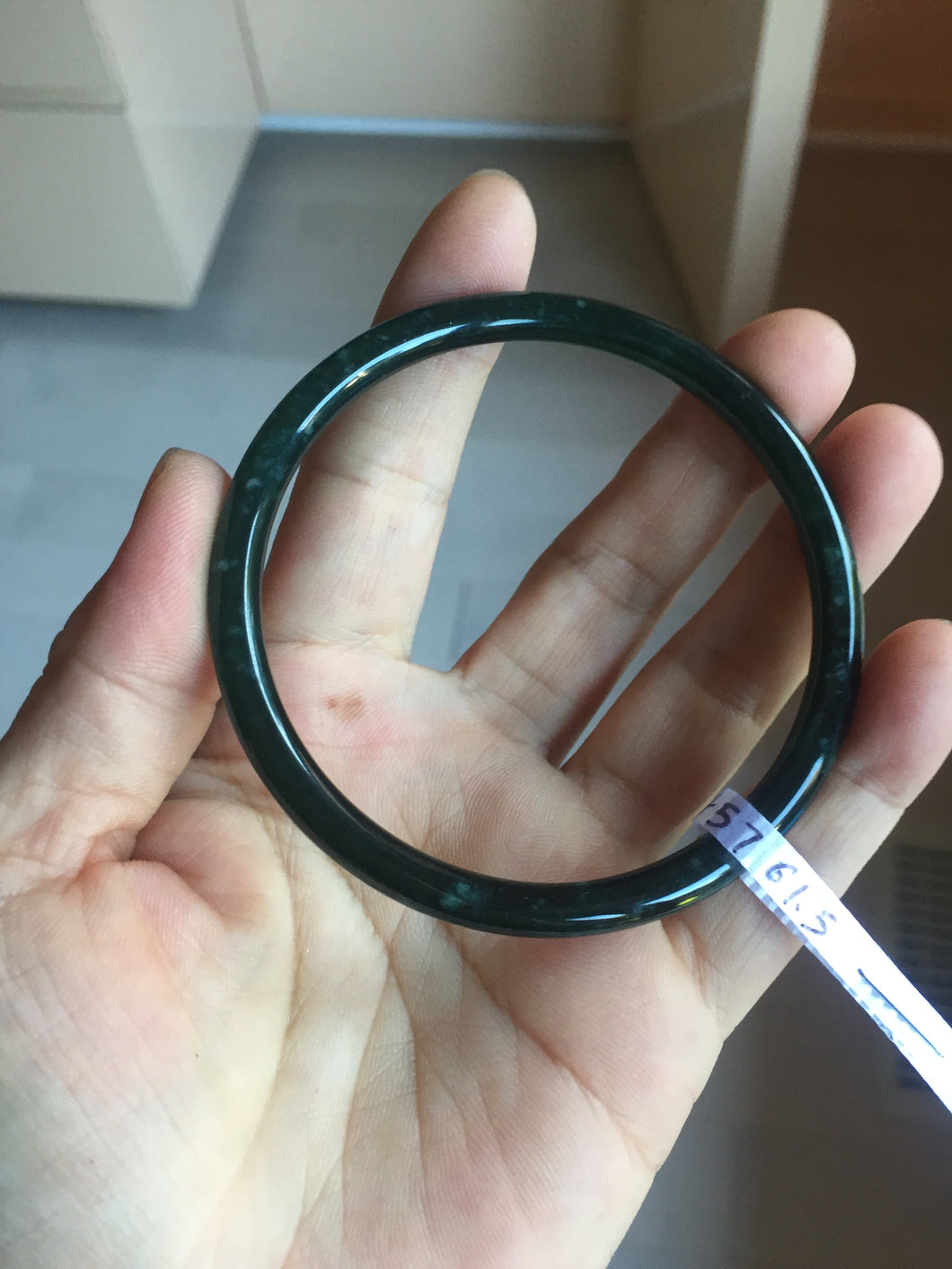 61.5mm Certified Type A 100% Natural dark green/blue/gray Guatemala slim round cut Jadeite bangle PD22-4457