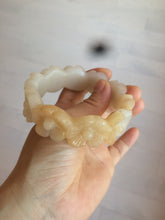 Load image into Gallery viewer, 56.7mm 100% natural light yellow/white Quartzite (Shetaicui jade) carved galsang flower(格桑花) bangle XY68
