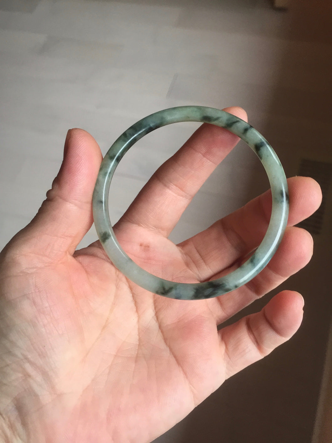 55.6mm Certified Type A 100% Natural green/black/gray with dark green floating flowers slim round cut Jadeite bangle PD66-5766