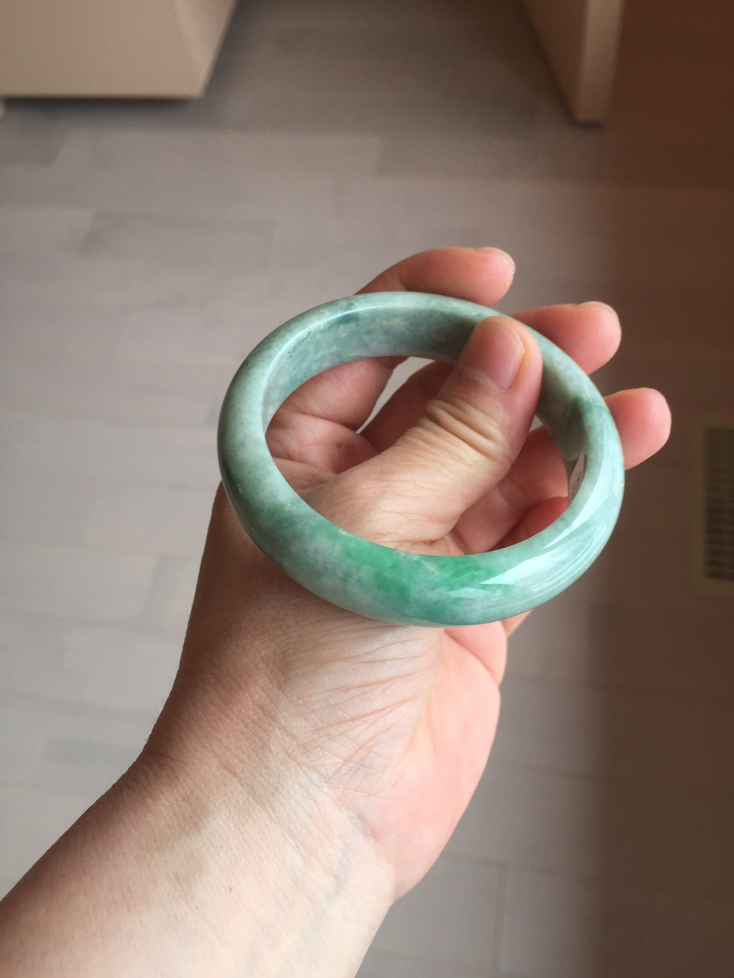 56.4mm certified Type A 100% Natural sunny green/ white Jadeite Jade bangle BS33-4430