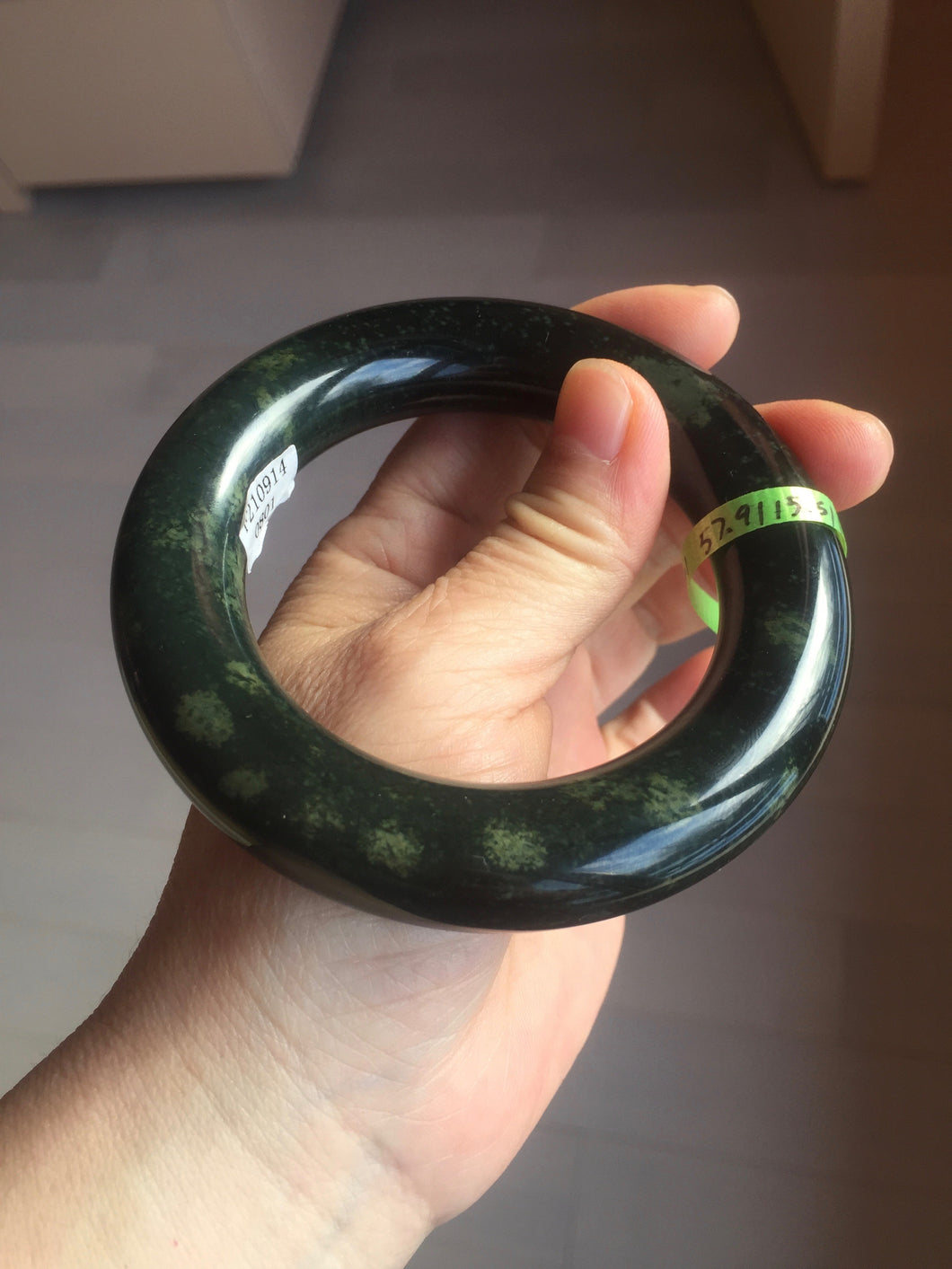 57.9mm Certified 100% Natural dark green with light green fern frost chubby round cut nephrite Hetian Jade bangle HT102-0801