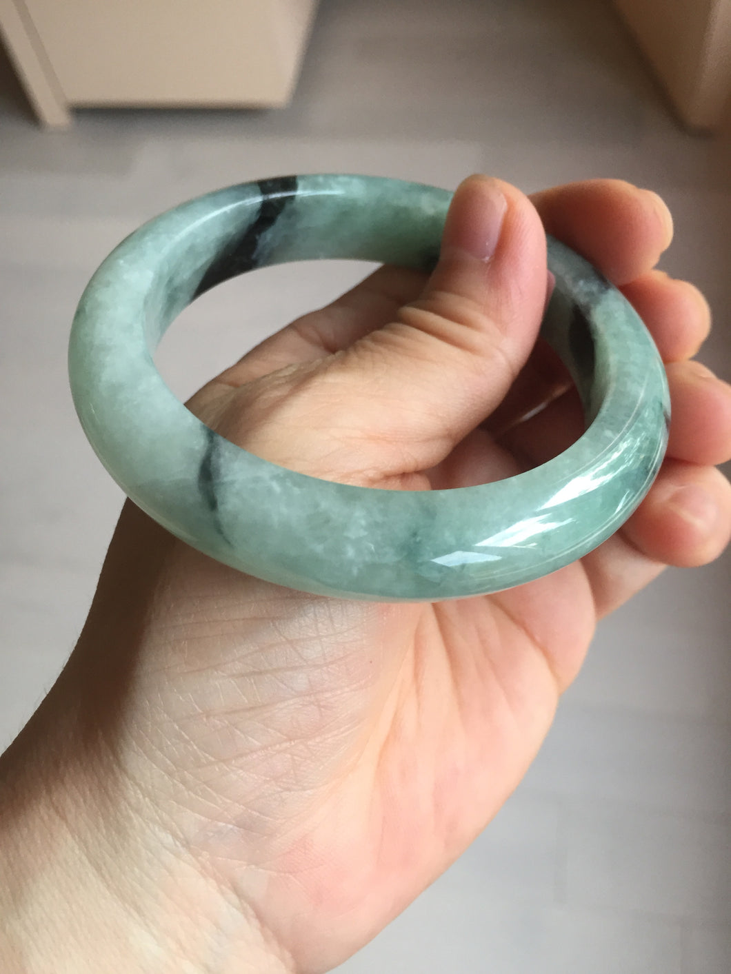 56.5mm Certified Type A 100% Natural icy watery light green dark green chubby Jadeite Jade bangle BP36-8907