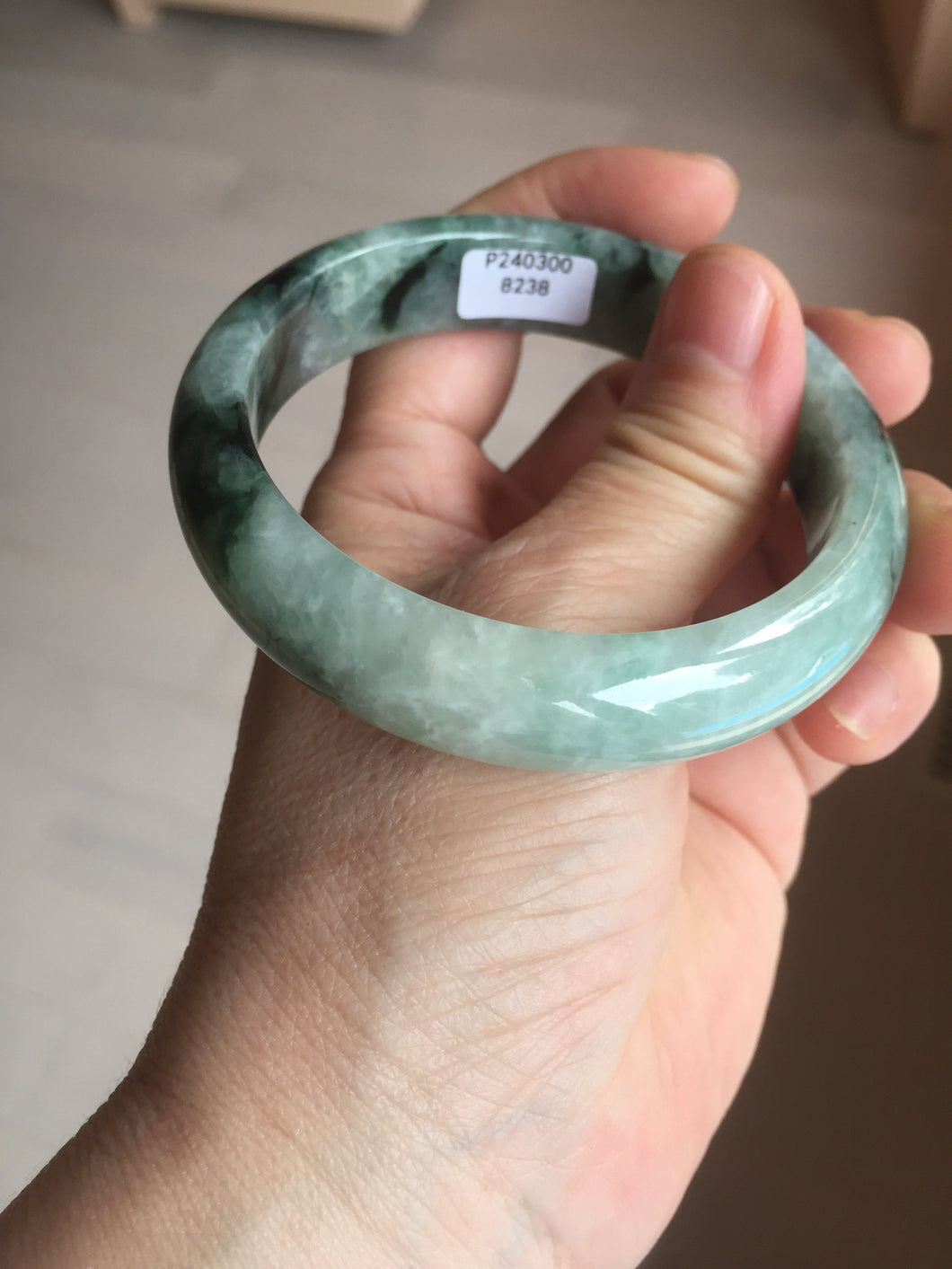 57.2mm certified natural Type A icy watery dark green/black jadeite jade bangle BK130-8238