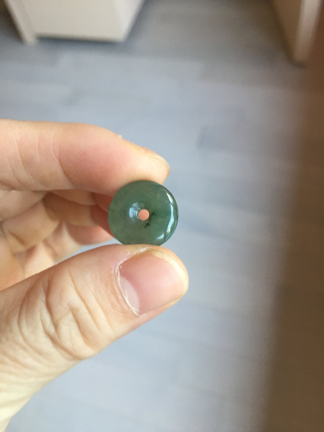14.4mm Type A 100% Natural icy watery dark green gray (老油青) with dark green/black flying flowers dainty Jadeite Jade Safety Guardian Button donuts pendant PA163