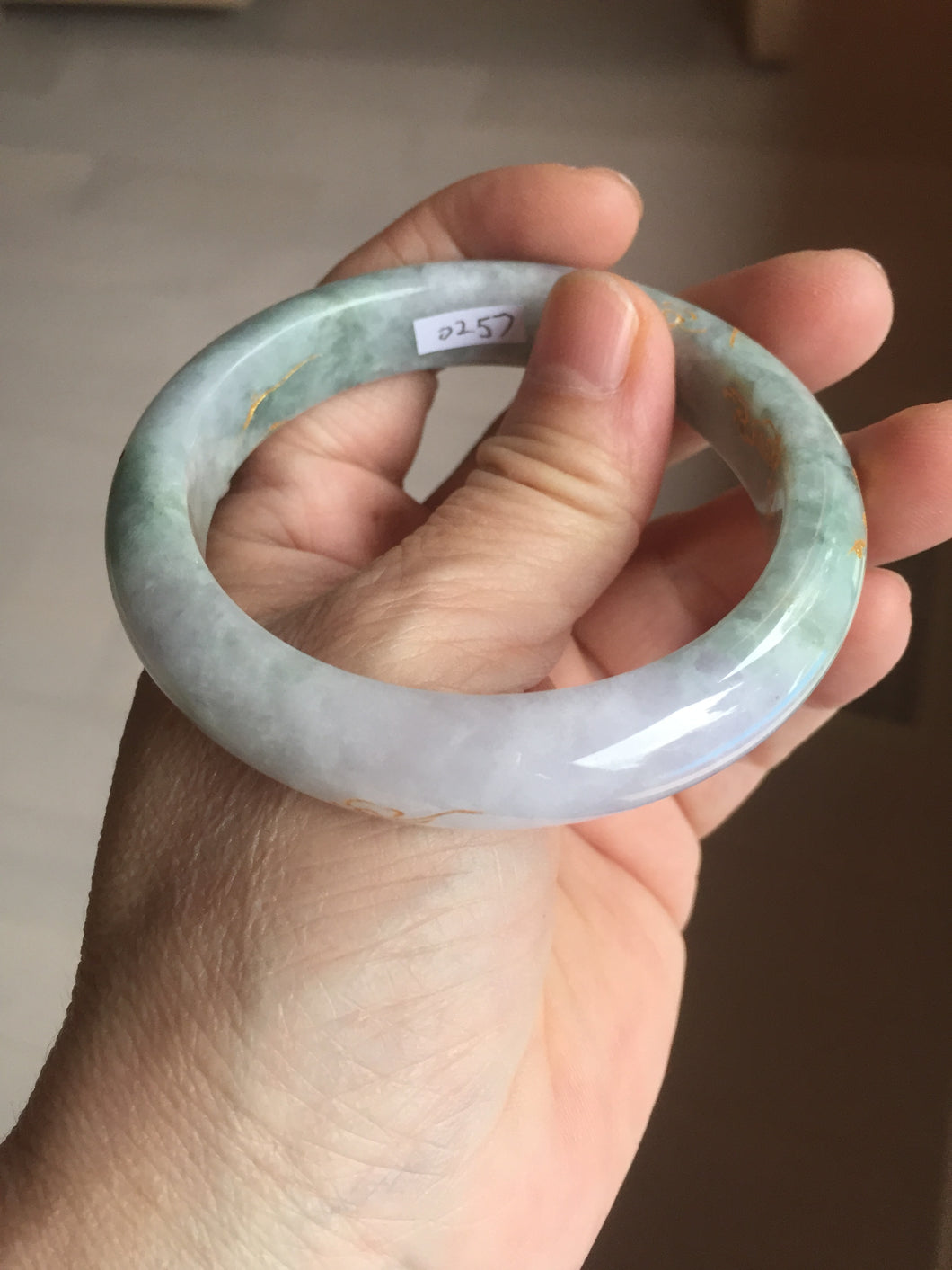 55.5mm 100% Natural type A green purple carved plum blossom and golden-painted Jadeite Jade bangle PB226-0257