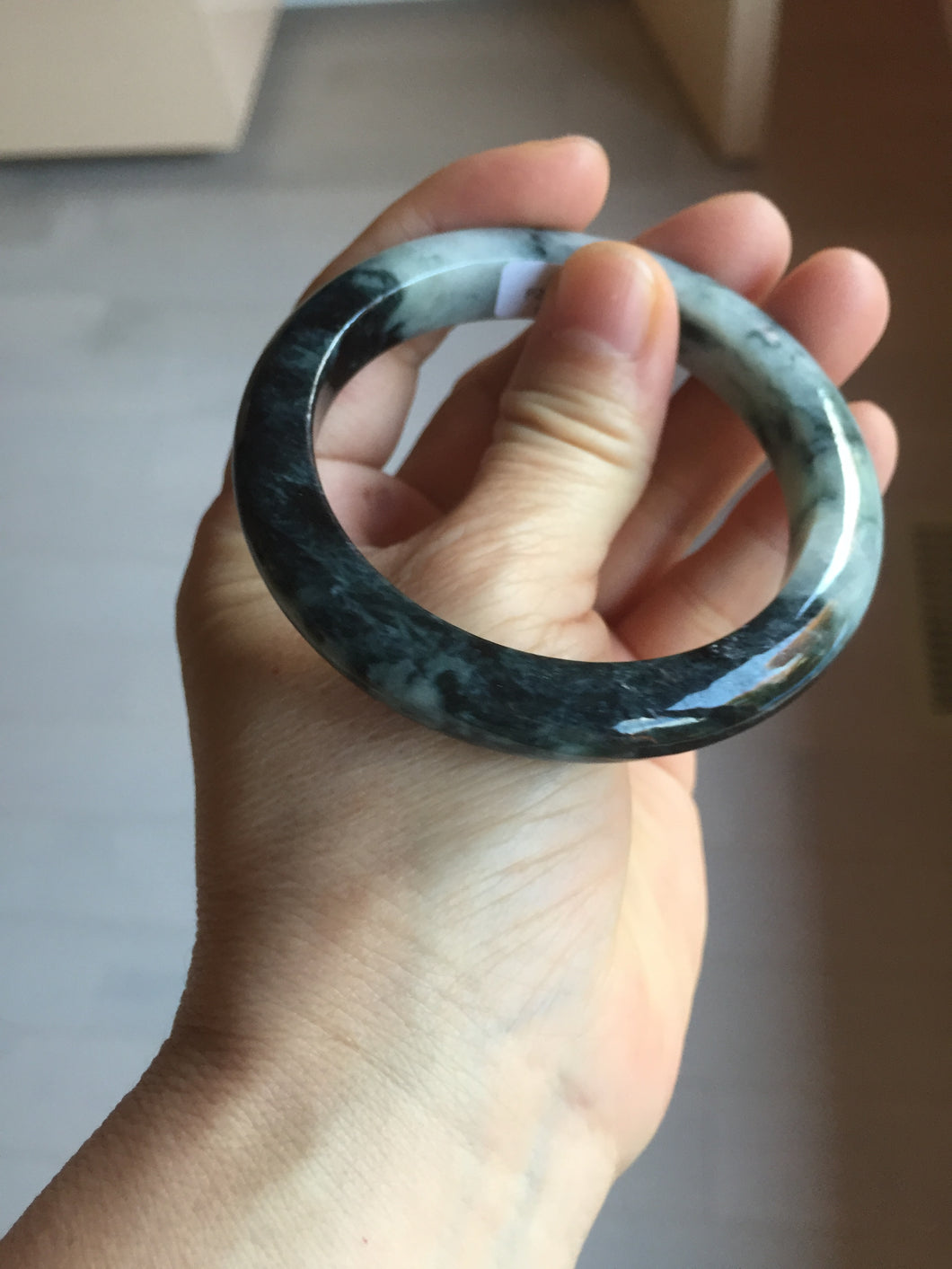 已经卖 54.8mm Certified Type A 100% Natural dark green black/white (black water and white mountains,白山黑水) Jadeite bangle PD142-6233