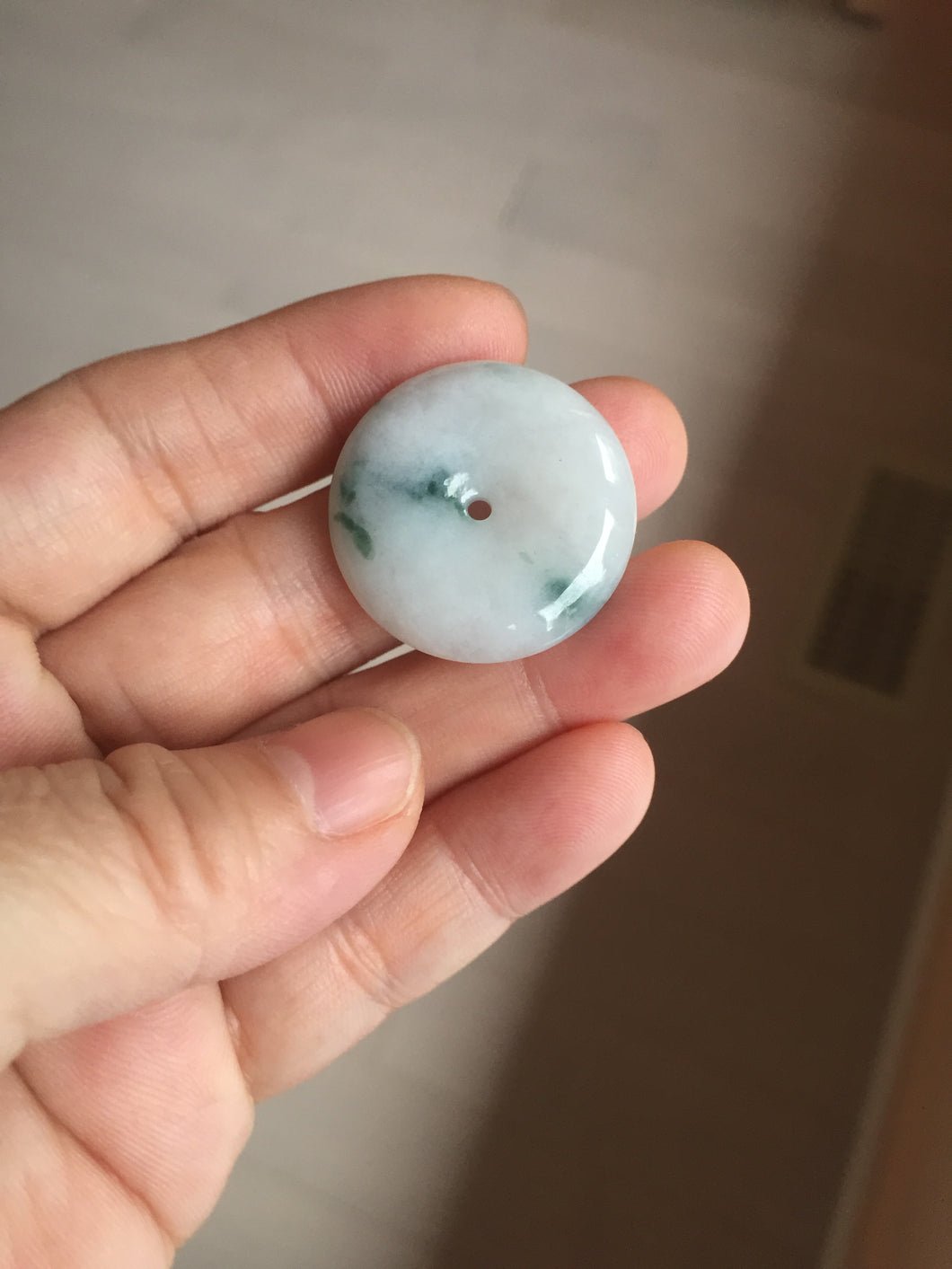 26.9mm Type A 100% Natural white with green floating flowers Jadeite Safety Guardian Button donuts pendant PD11