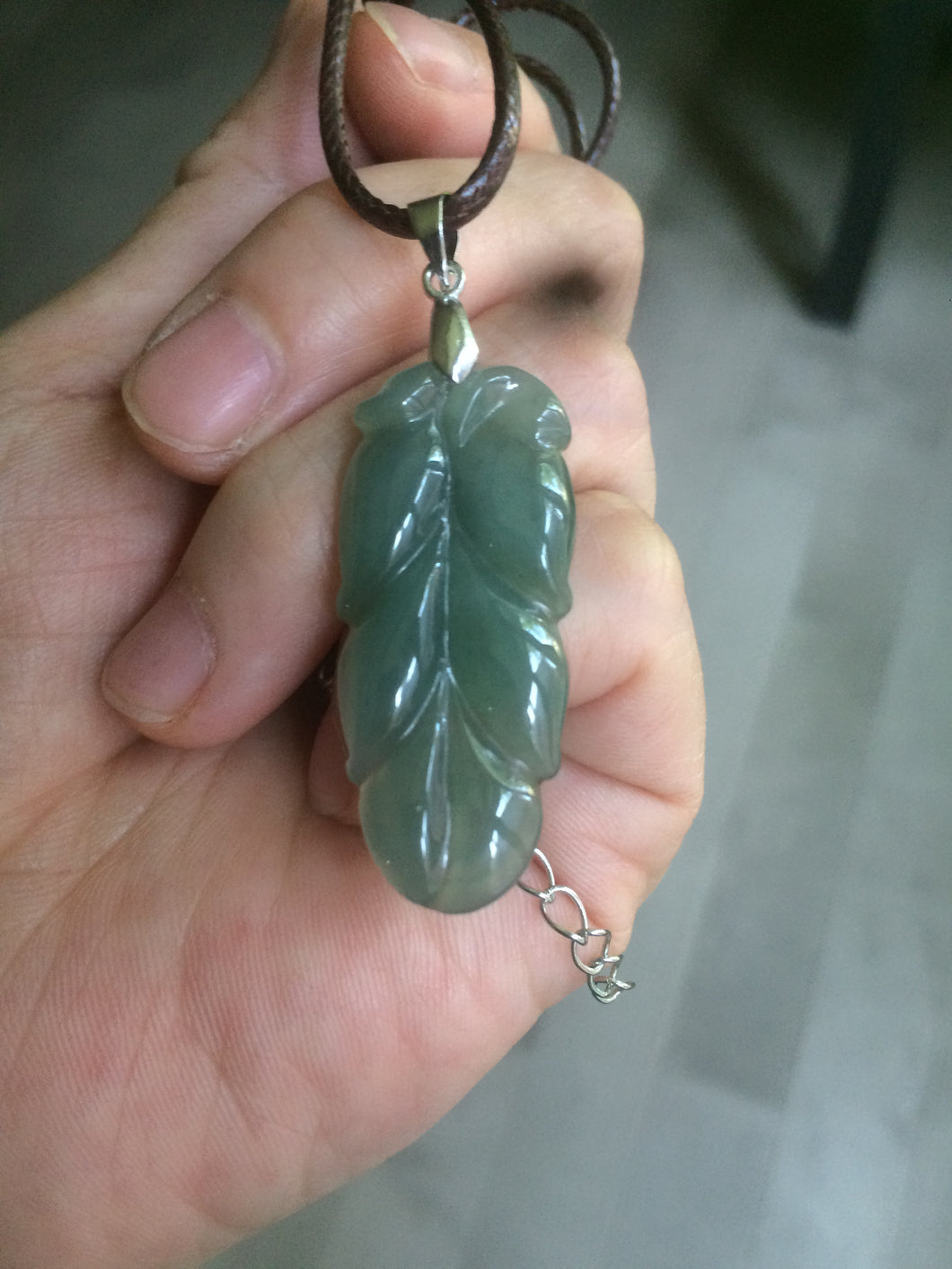 Certified Type A 100% Natural icy dark green Jadeite Jade leaf pendant B206-2626