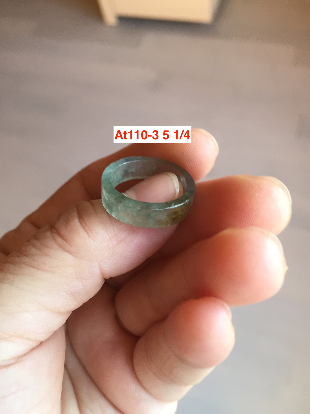 5 1/4 100% natural type A ice watery oily dark green/black/brown/gray (冰油) square jadeite jade band ring AT110-3