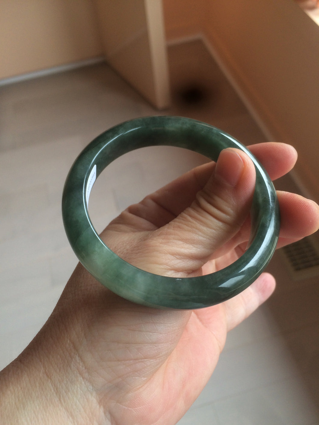 卖了  57.7mm Certified Type A 100% Natural oily dark green/black/white Jadeite Jade bangle AM86-0393