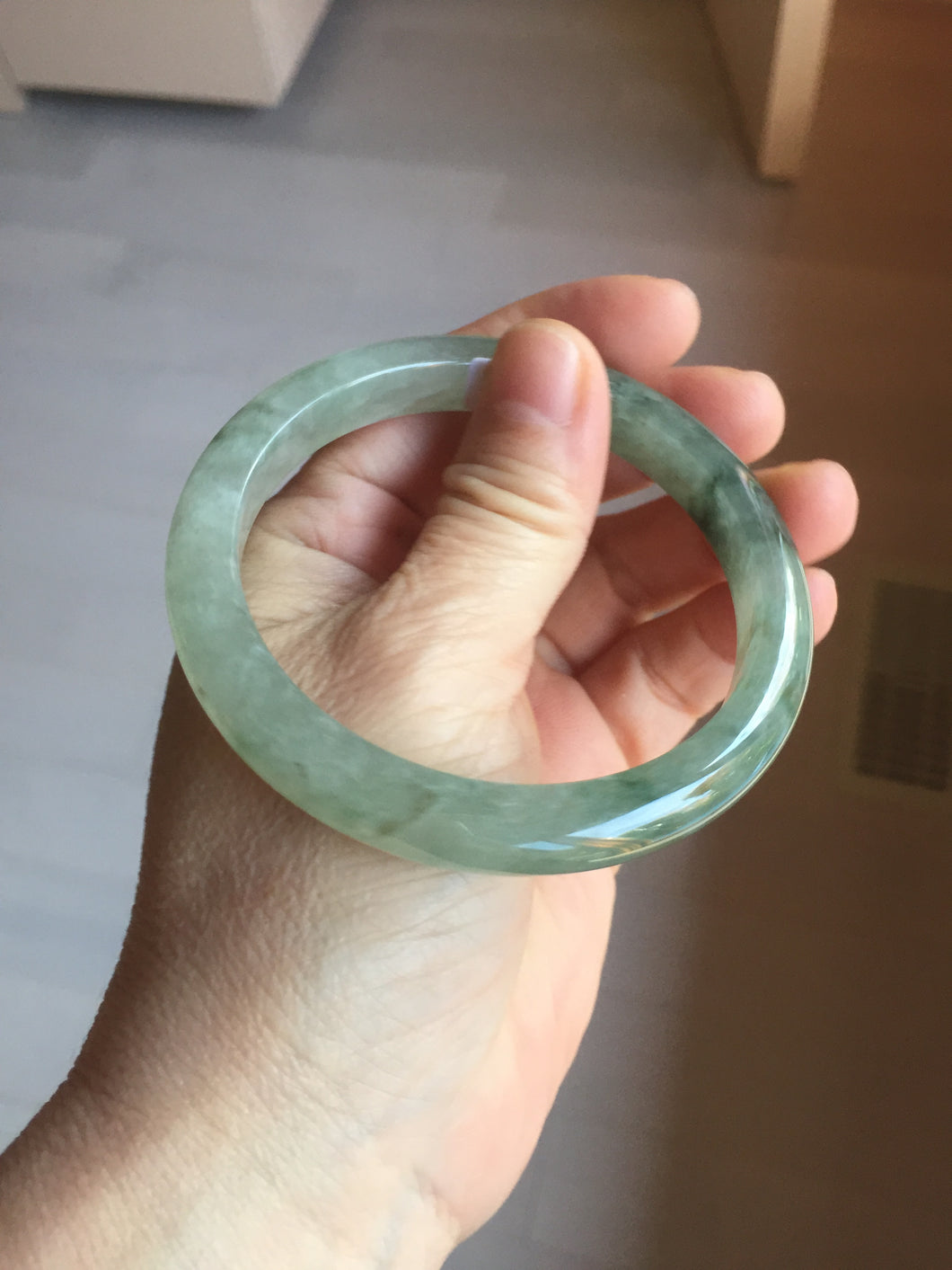58mm Certified Type A 100% Natural icy watery light green/dark green/black Jadeite bangle PD110-8526