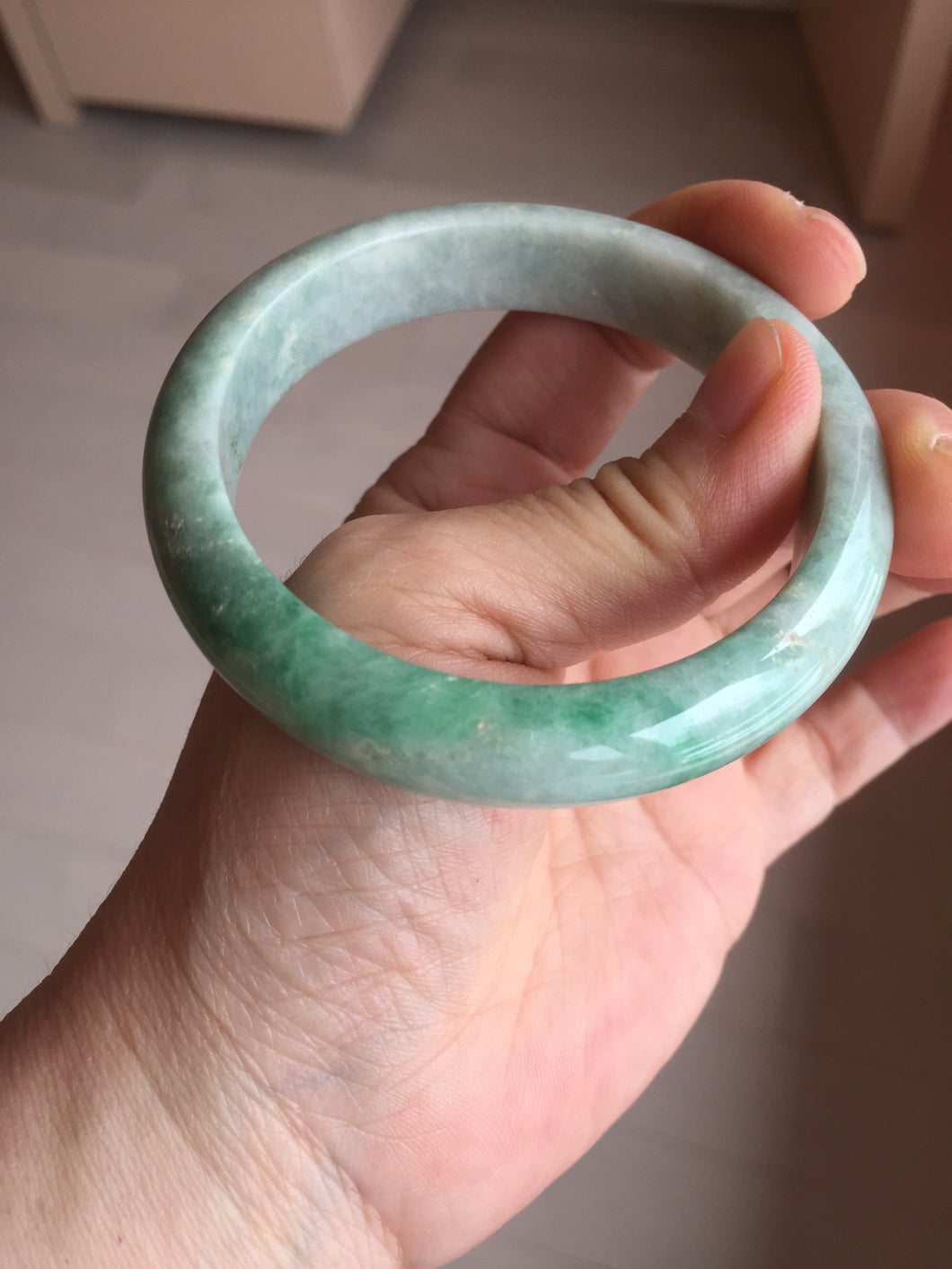 56.5mm certified Type A 100% Natural sunny green/white Jadeite Jade bangle BS34-4429