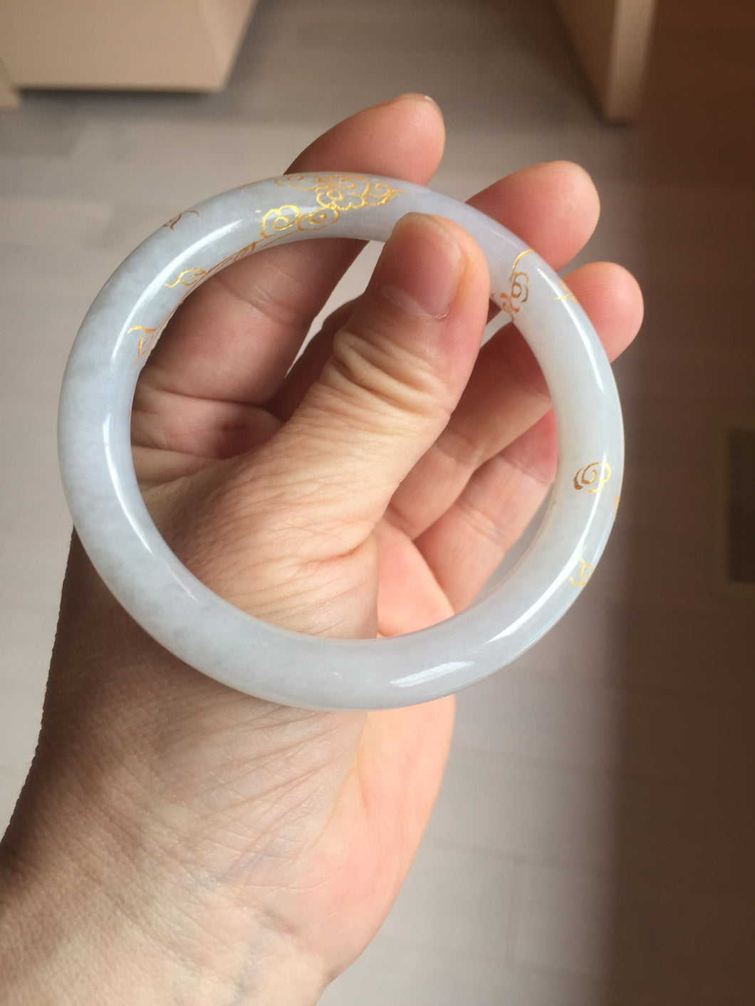 56.5mm 100% Natural type A light green white carved and golden-painted Jadeite Jade bangle PA112-4326