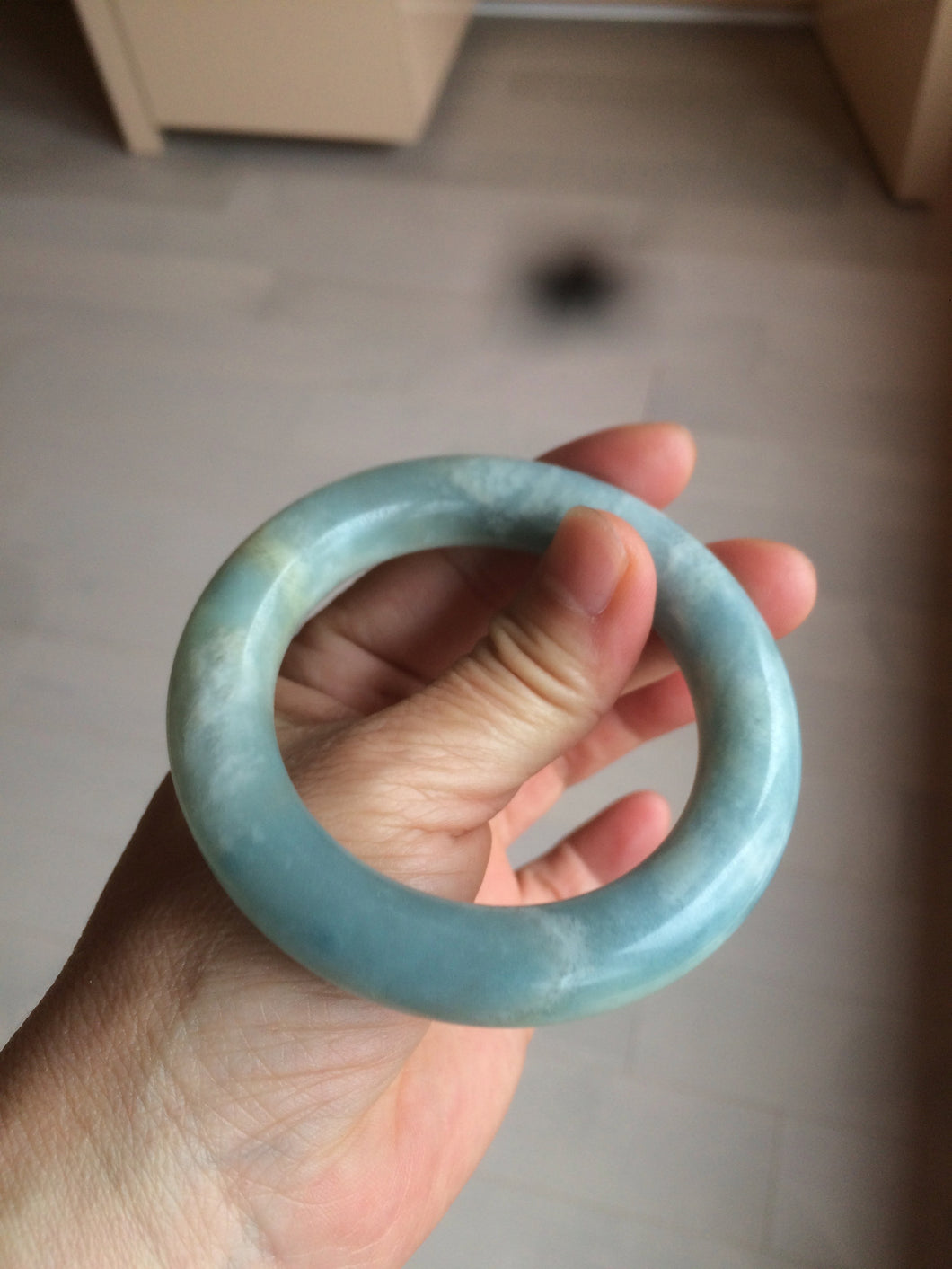 52.8mm 100% natural blue/white Quartzite (Shetaicui jade) Blue sky and white clouds chubby round cut bangle SY27