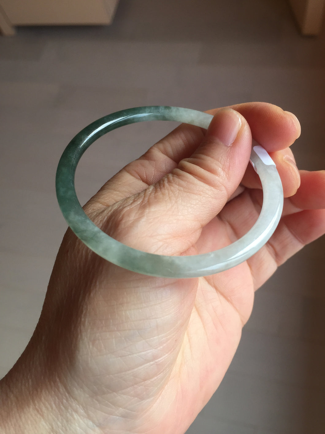 55.3mm Certified type A 100% Natural icy watery dark green white half mountain half water two-tone(半山半水) slim round cut Jadeite bangle BG218-8579