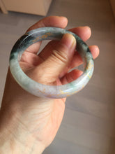 Load image into Gallery viewer, 56.5mm 100% Natural type A sunny green purple brown gray white carved flowers and golden-painted Jadeite Jade bangle BG232
