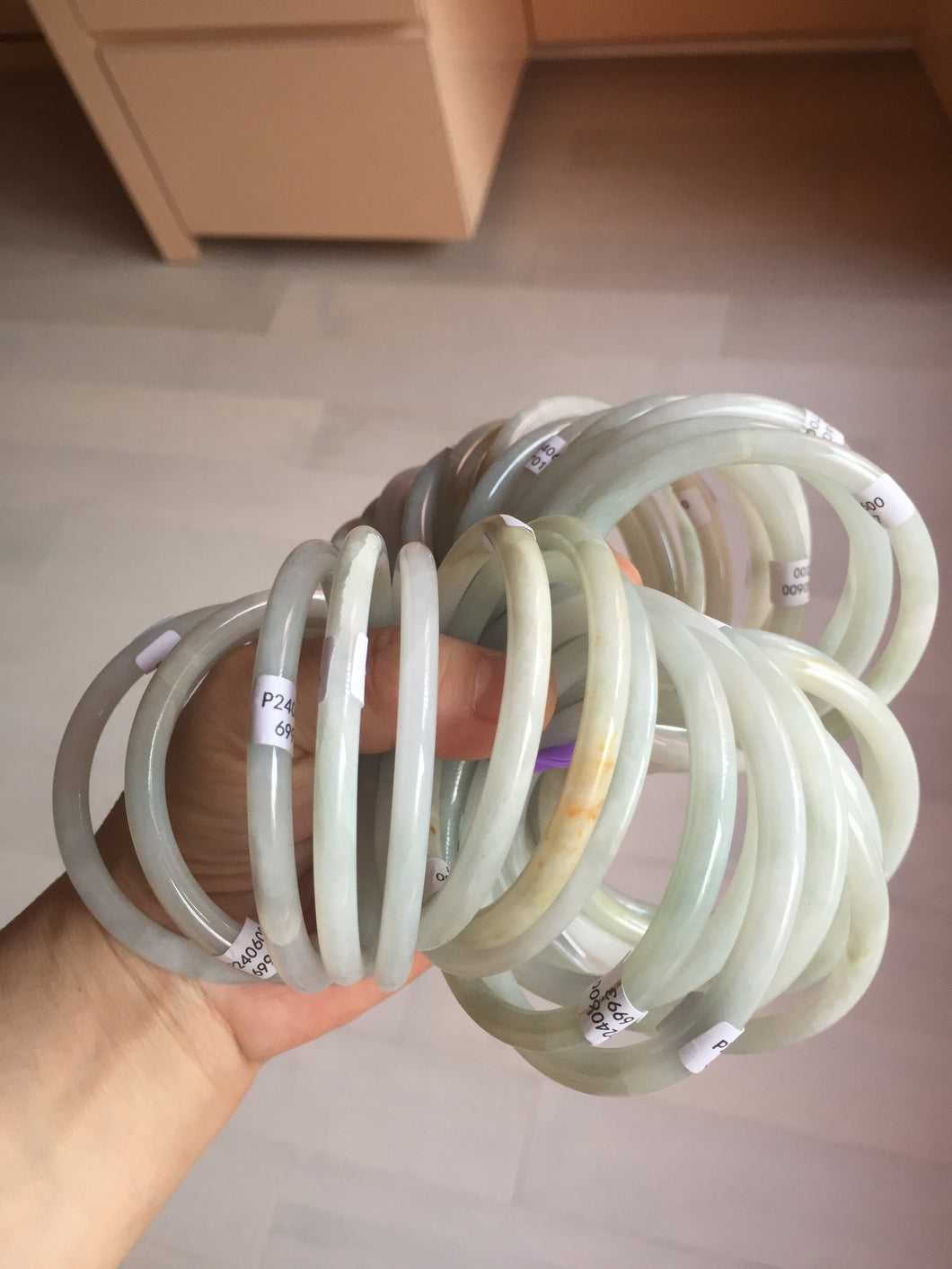 Shopify only 52-57mm Type A 100% Natural light green/white slim round cut Jadeite Jade bangle (with big defects) GL45