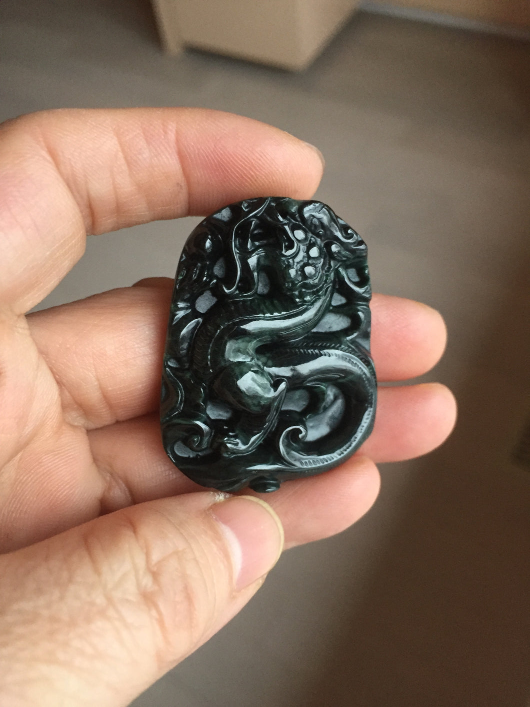 100% Natural clear dark green/black jadeite jade(Mocui, 墨翠) dragon Pendant/handhold worry stone BL128