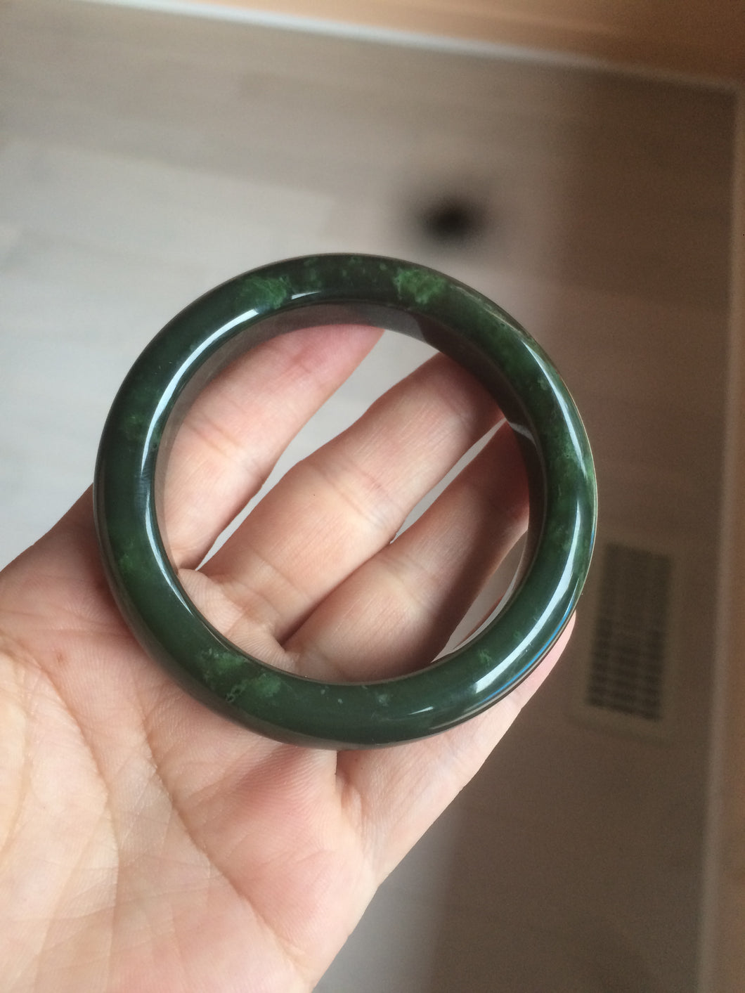卖了 53.8mm 100% Natural oily dark green/black nephrite Hetian Jade(碧玉)  bangle HT94