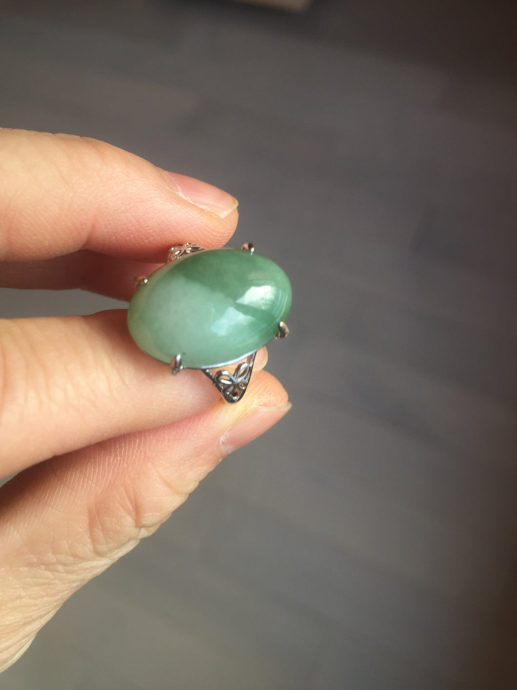 100% natural type A half light green half dark green four-prong jadeite jade ring X142