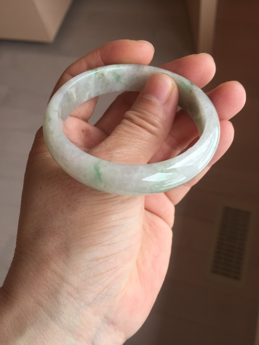 53mm Certified Type A 100% Natural light green white with green floating flowers Jadeite bangle BS44-1751