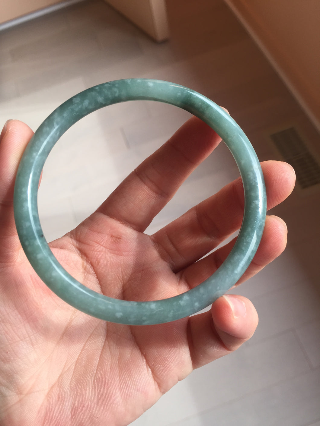 66mm Certified Type A 100% Natural green/blue/gray with flying snow Guatemala Jadeite bangle BL40-8452