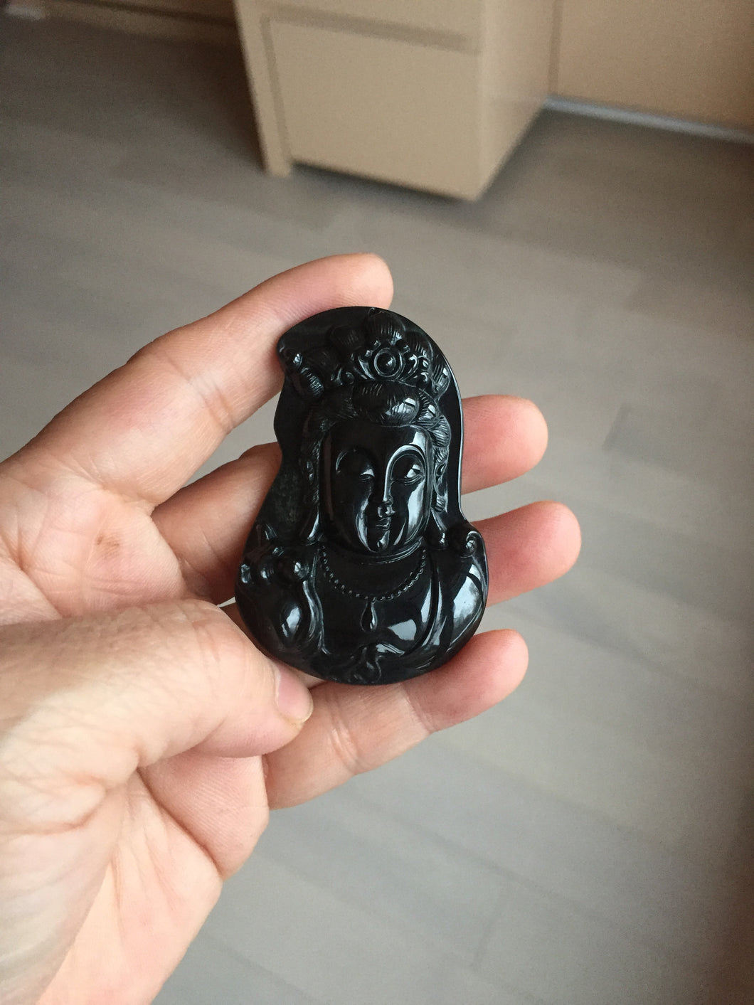 100% Natural dark green/black jadeite jade(Mocui, 墨翠) GuanYin(观音) Pendant/handhold worry stone BL130