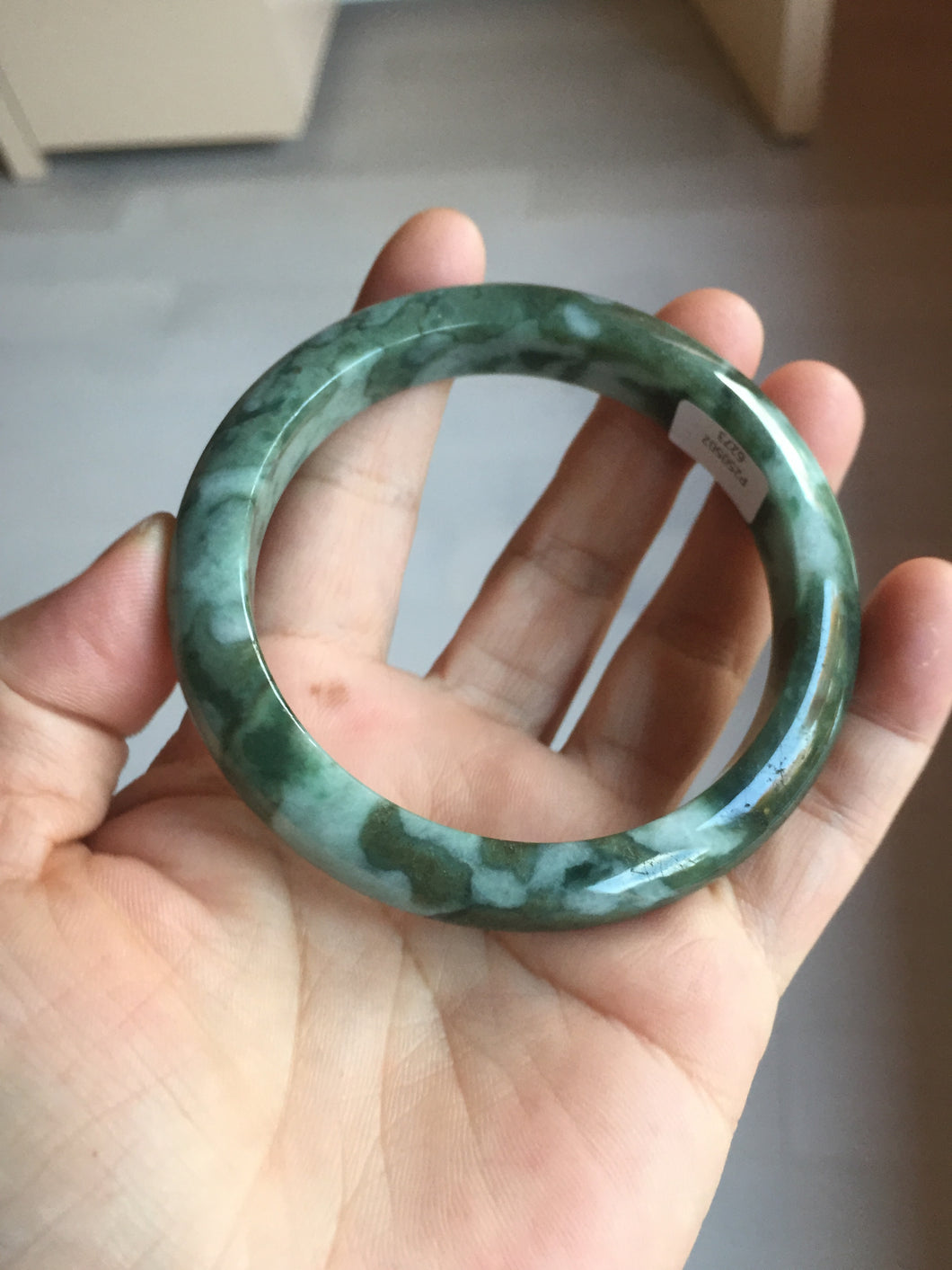 59.5mm Certified Type A 100% Natural dark green gray black camouflage color Jadeite bangle PD139-6273