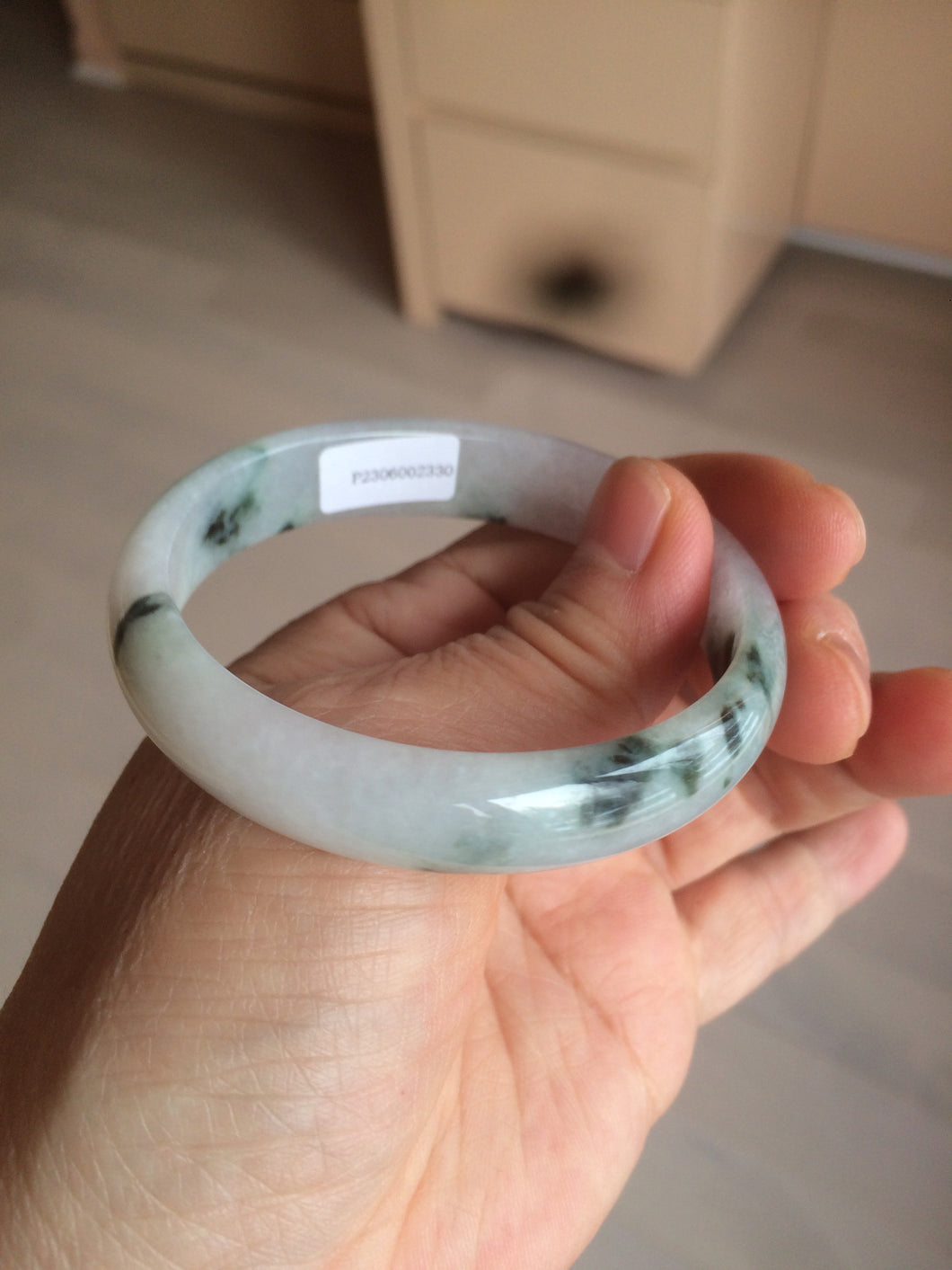 48mm certified 100% natural Type A icy watery light green/white with green floating flowers oval jadeite jade bangle B107-2330