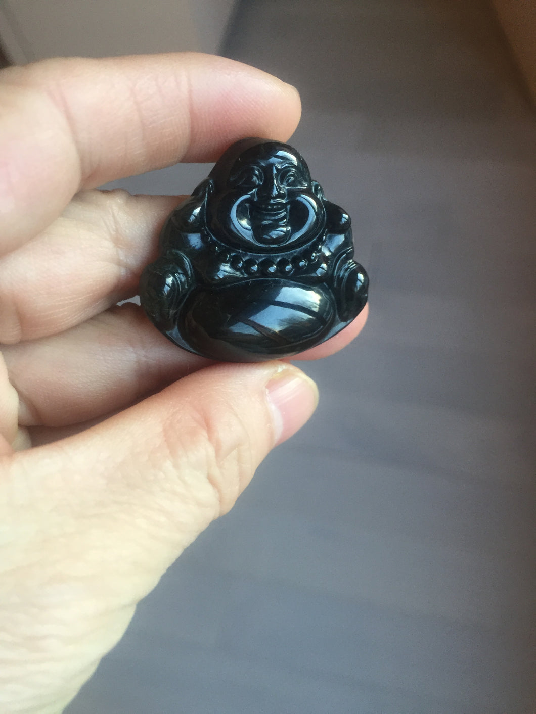 100% Natural dark green/black jadeite jade(Mocui, 墨翠) happy buddha Pendant/handhold worry stone BL138