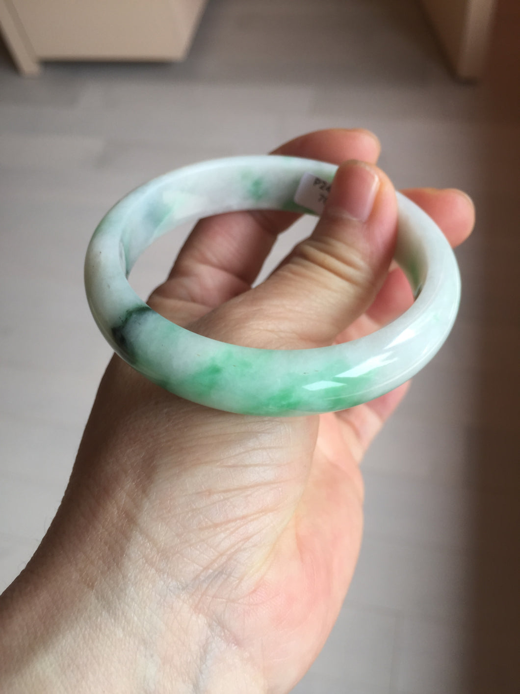 58mm Certified Type A 100% Natural sunny green/white Jadeite Jade bangle BN16-7069