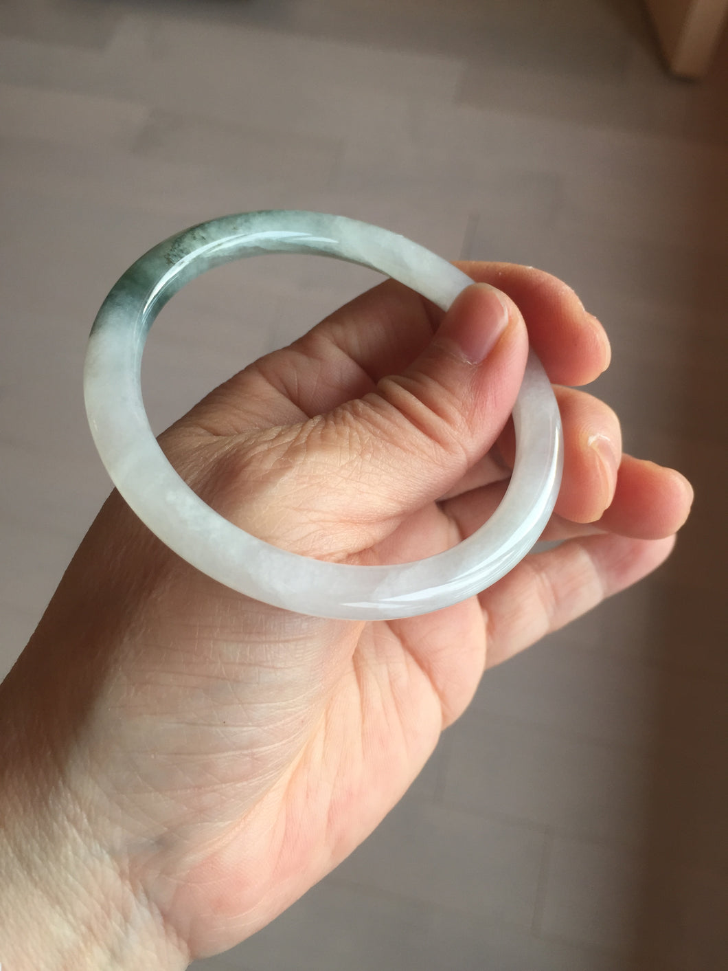 卖了 55.5mm certificated Type A 100% Natural icy watery green/white slim round cut Jadeite Jade bangle BK69-9874