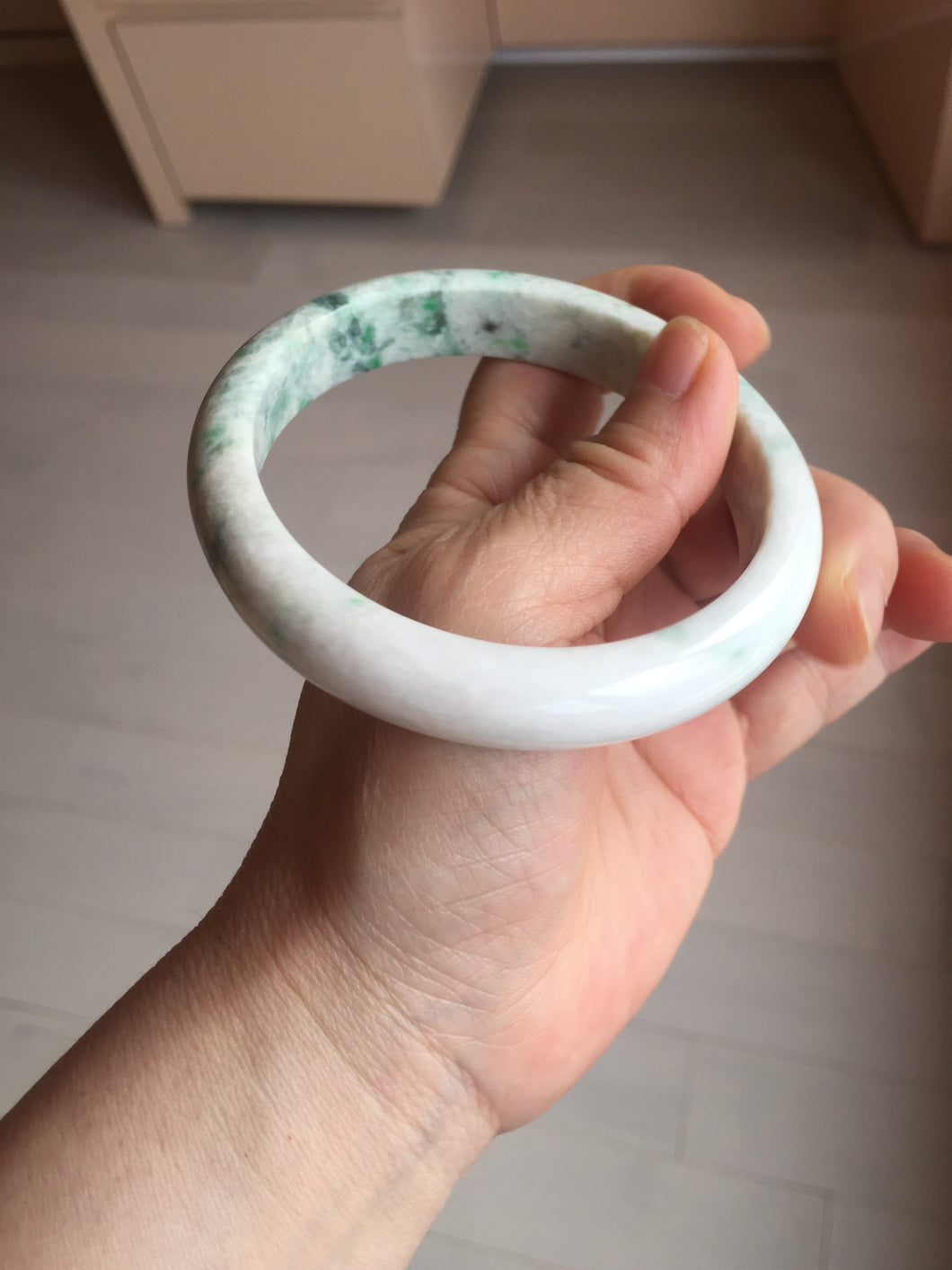 63.5mm Certified Type A 100% Natural sunny green/white Jadeite Jade bangle BL14-4019
