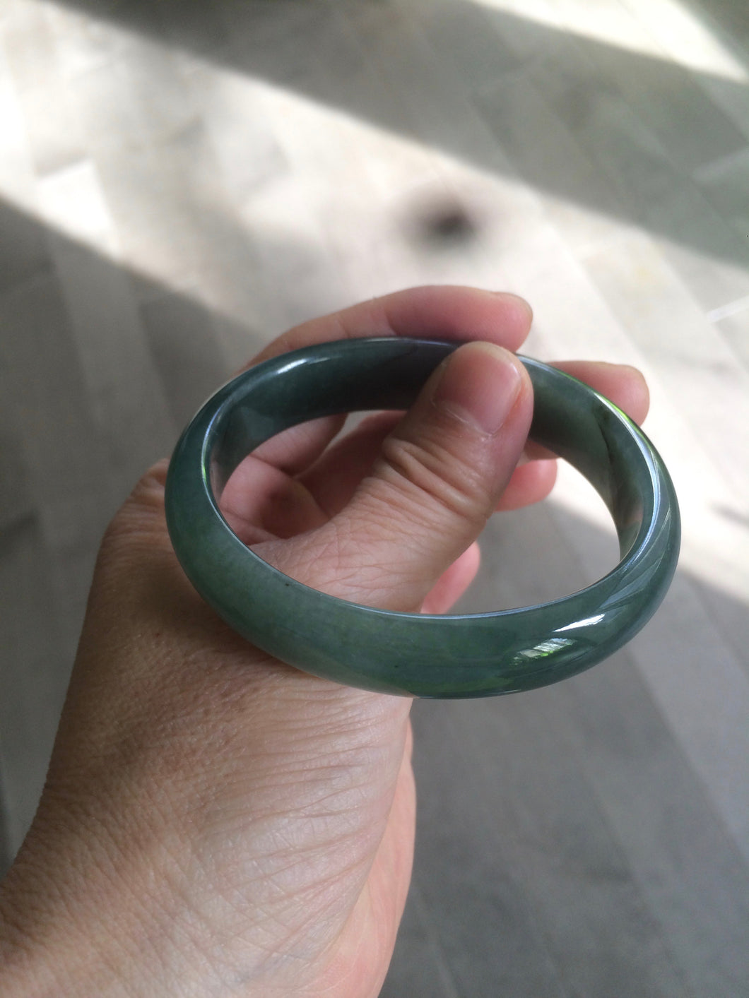 52.5mm certified type A 100% Natural watery dark green/black oval Jadeite jade bangle BF77-1092