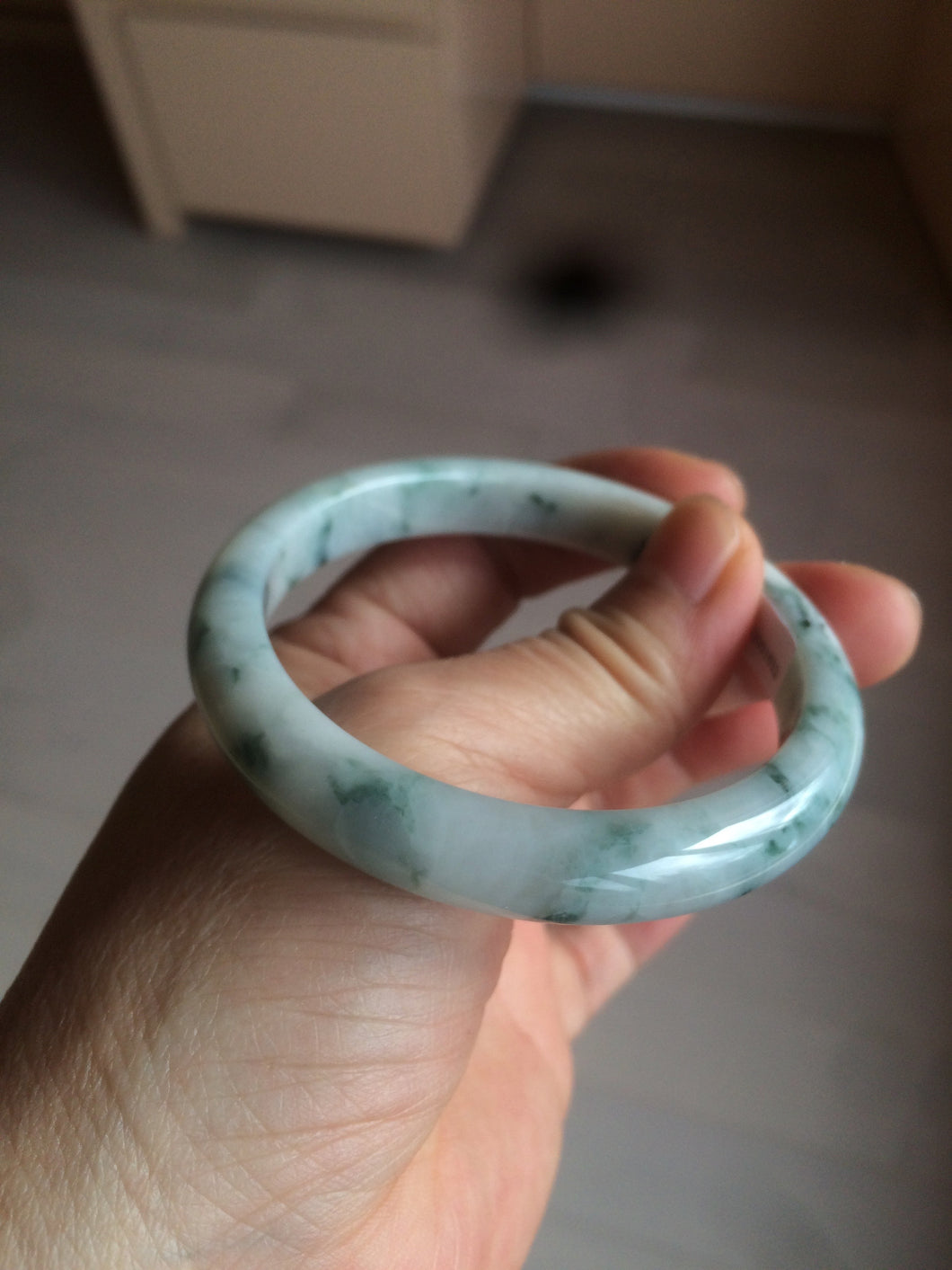 55.5mm certificated Type A 100% Natural light green/white with green floating flowers Jadeite Jade bangle AM82-1632