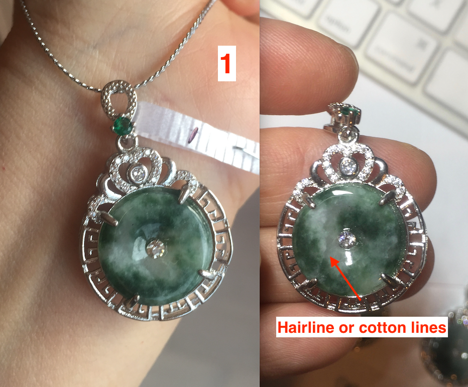 Type A 100% Natural dark green with green floating flowers Jadeite Jade Safety Guardian Button donuts Pendant group X138