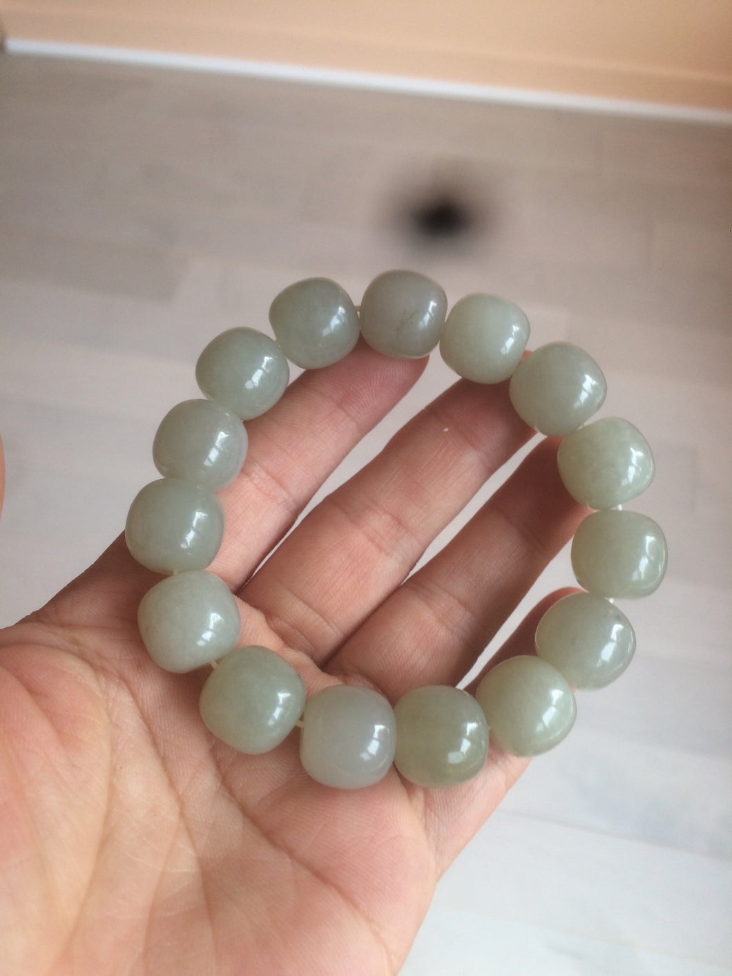 14x13.4mm 100% Natural light green/gray vintage style nephrite Hetian Jade bead bracelet HE82