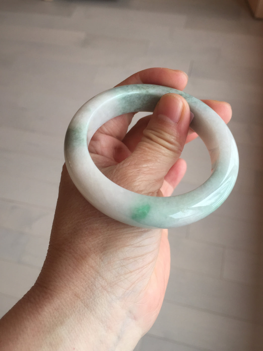 54.5mm Certified 100% natural Type A sunny green/white chubby jadeite jade bangle BK96-0319