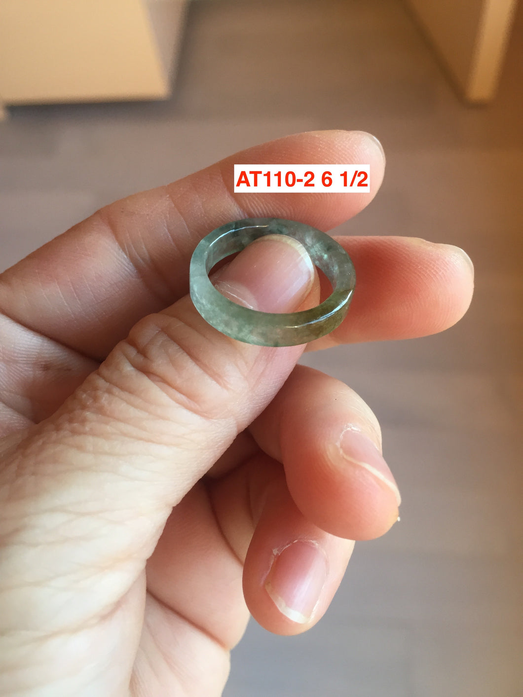 6 1/2 100% natural type A ice watery oily dark green/black/brown/gray (冰油) square jadeite jade band ring AT110-2