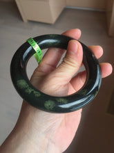 Load image into Gallery viewer, 57.9mm Certified 100% Natural dark green with light green fern frost chubby round cut nephrite Hetian Jade bangle HT103-0792
