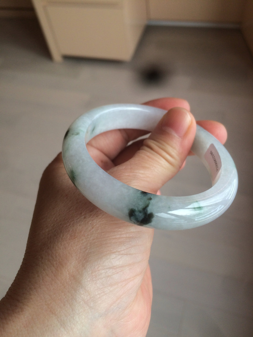 54mm certified type A 100% Natural icy watery green/white with green floating flowers jadeite jade bangle B108-2346