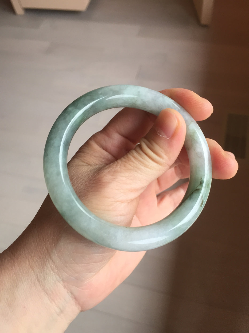 57.5mm certified type A 100% Natural oily light green/white chubby round cut Jadeite Jade bangle BM19-2795