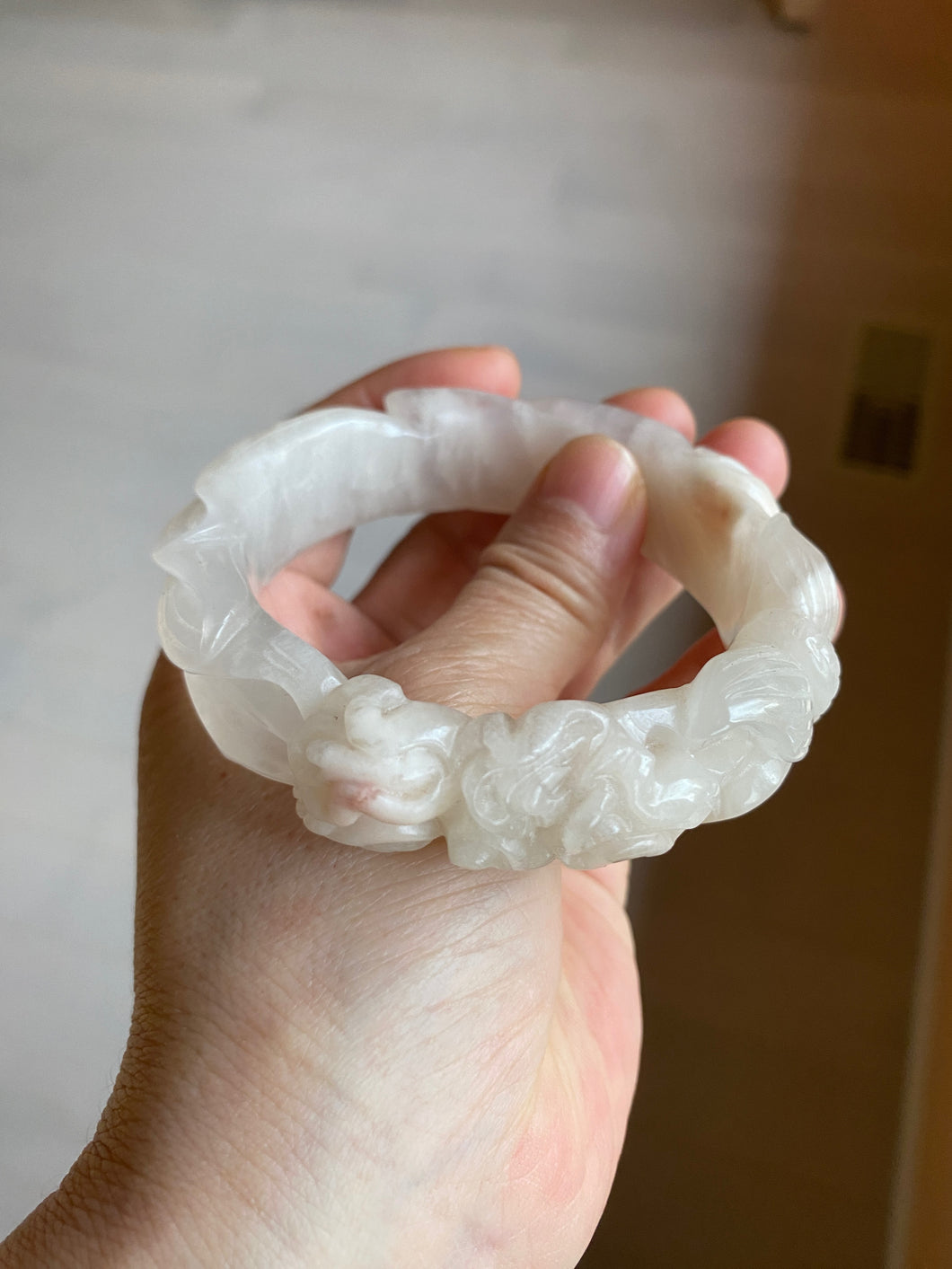 57mm 100% natural light pink/white Quartzite (Shetaicui jade) carved nine-tailed fox/wedding dress style bangle SY6