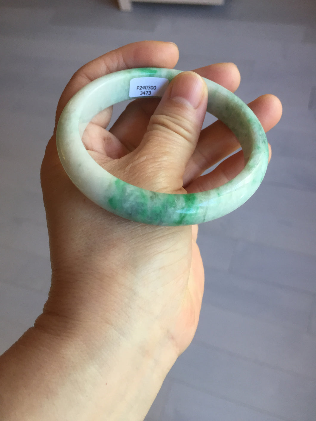 58.5mm Certified type A 100% Natural sunny green/white Jadeite bangle AY86-3473