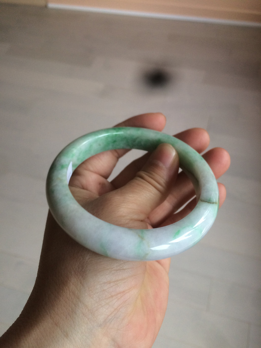 60.5mm Certified Type A 100% Natural sunny green/white/brown Jadeite Jade bangle A109-5414