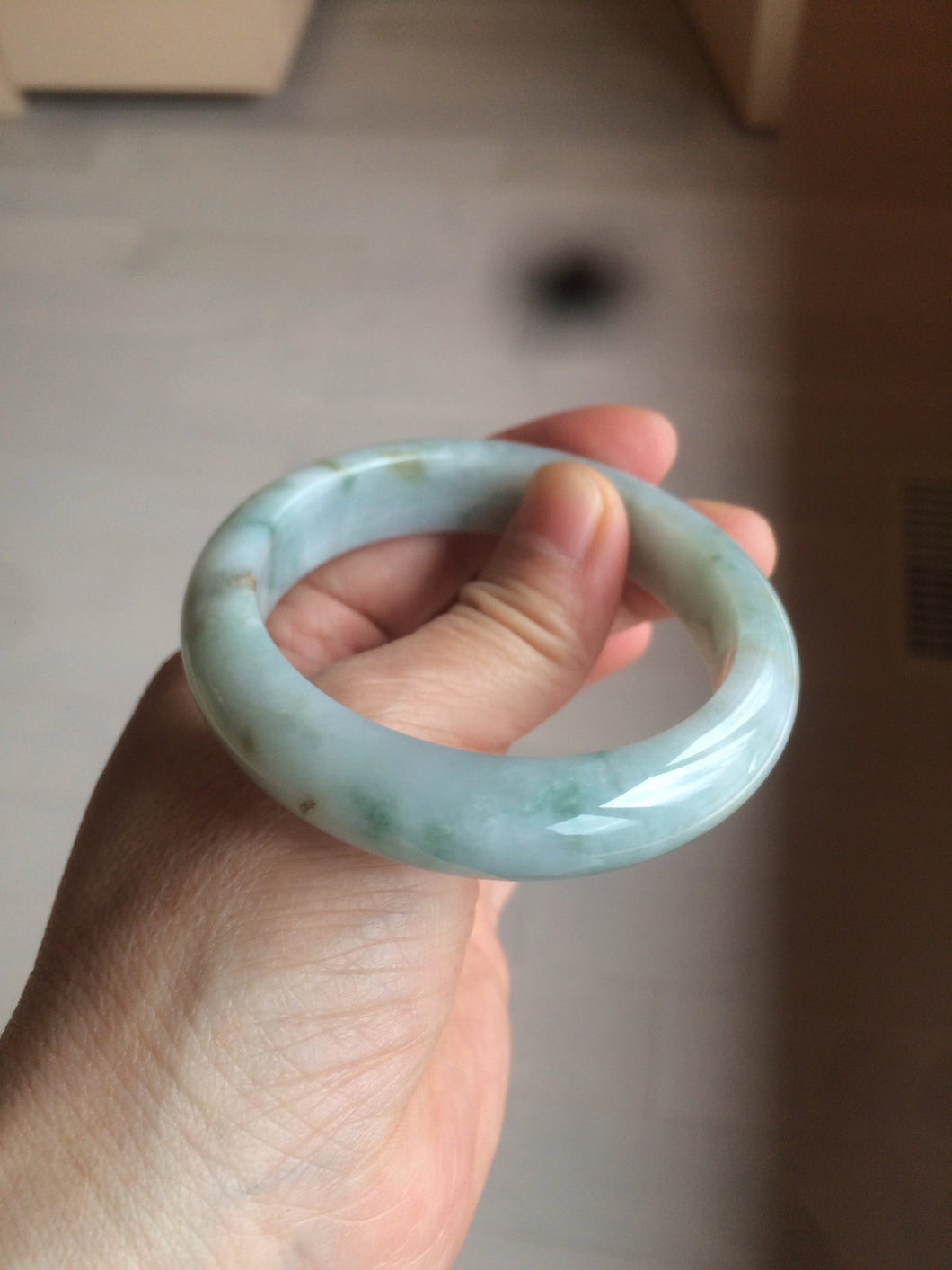 53.7mm certificated Type A 100% Natural light green/yellow with green floating flowers Jadeite Jade bangle BK23-4409